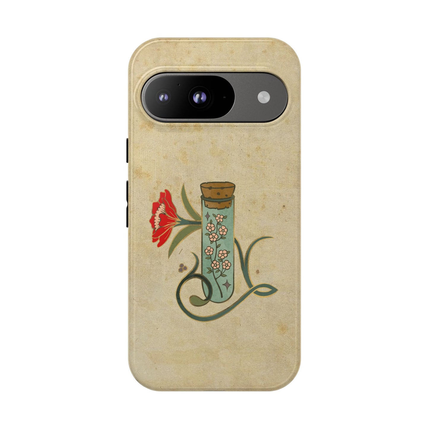 Vintage Floral Glass Tube Phone Case – Minimal Aesthetic, Beige Background (iPhone, Samsung, Pixel)