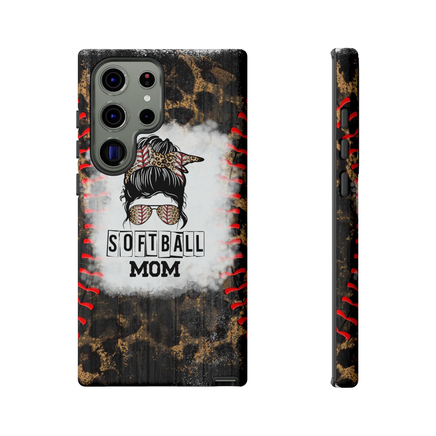 Softball Mom Phone Case for iPhone, Samsung & Google Pixel, Messy Bun Phone Case, Leopard Print Phone Case, Sports Lover Gift