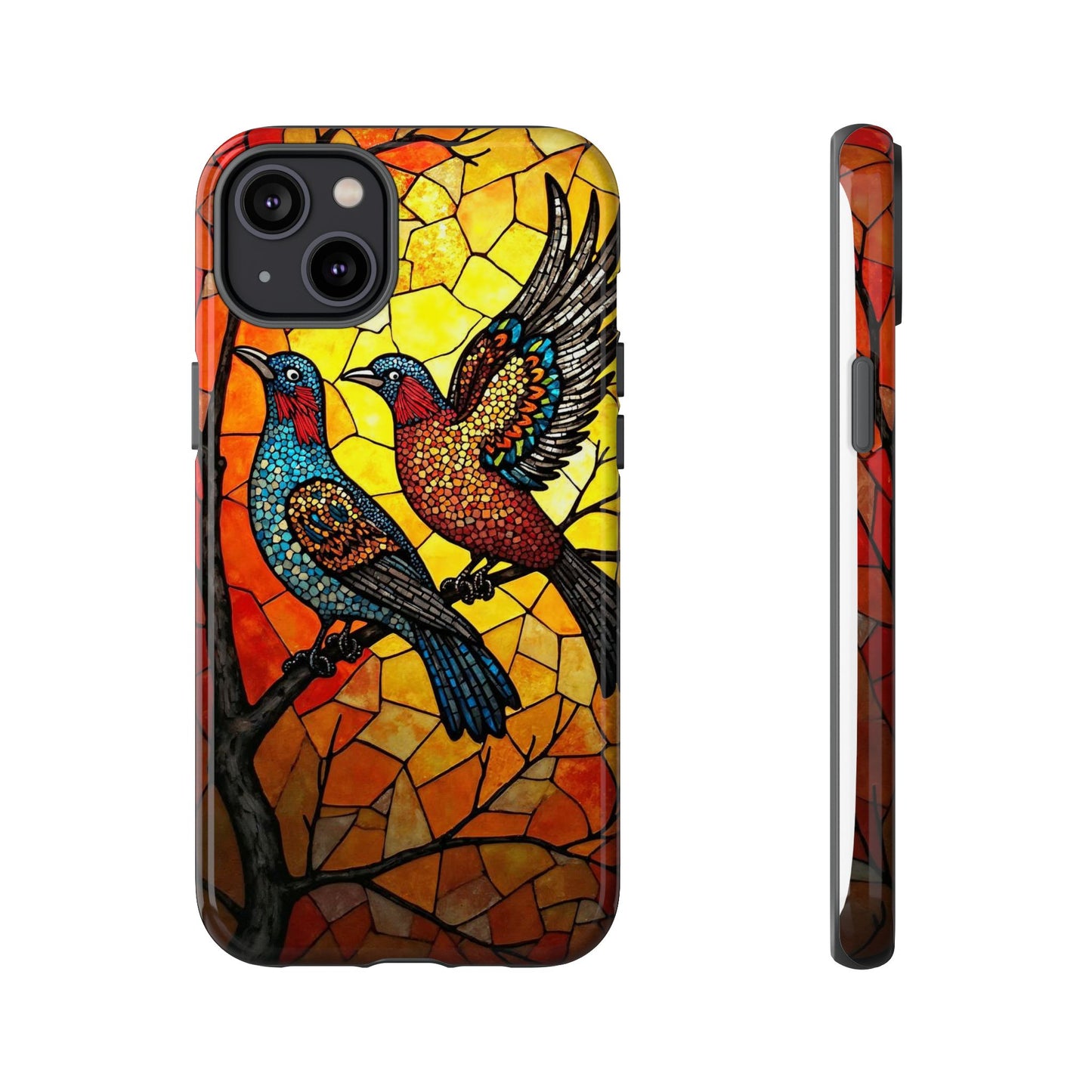 Vibrant Hummingbirds with Stained Glass Charm