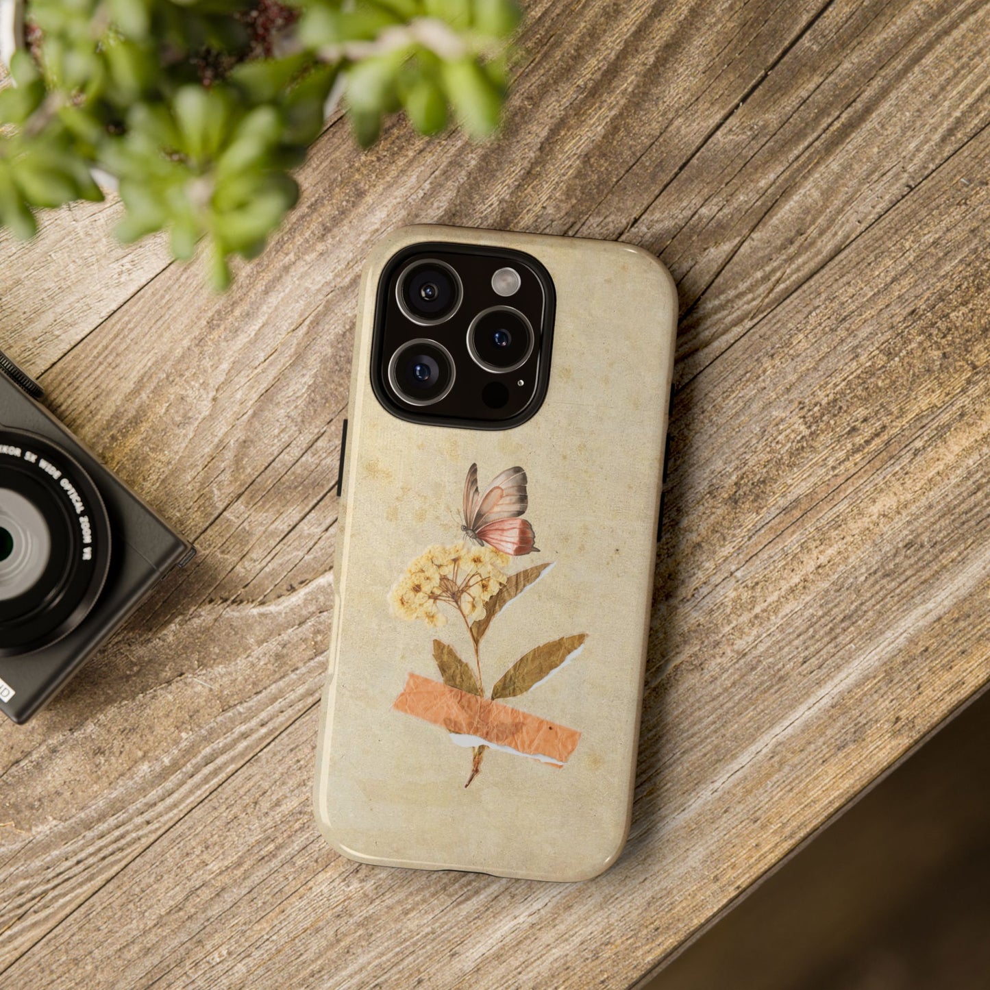 Minimal Vintage Floral Phone Case – Yellow Flower & Butterfly on Beige | For iPhone, Samsung & Google Pixel