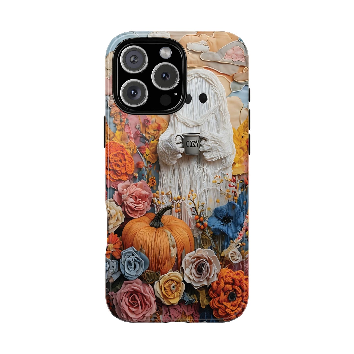 Colorful Whimsical Artwork of Ghost in Autumn Scene phone case design.