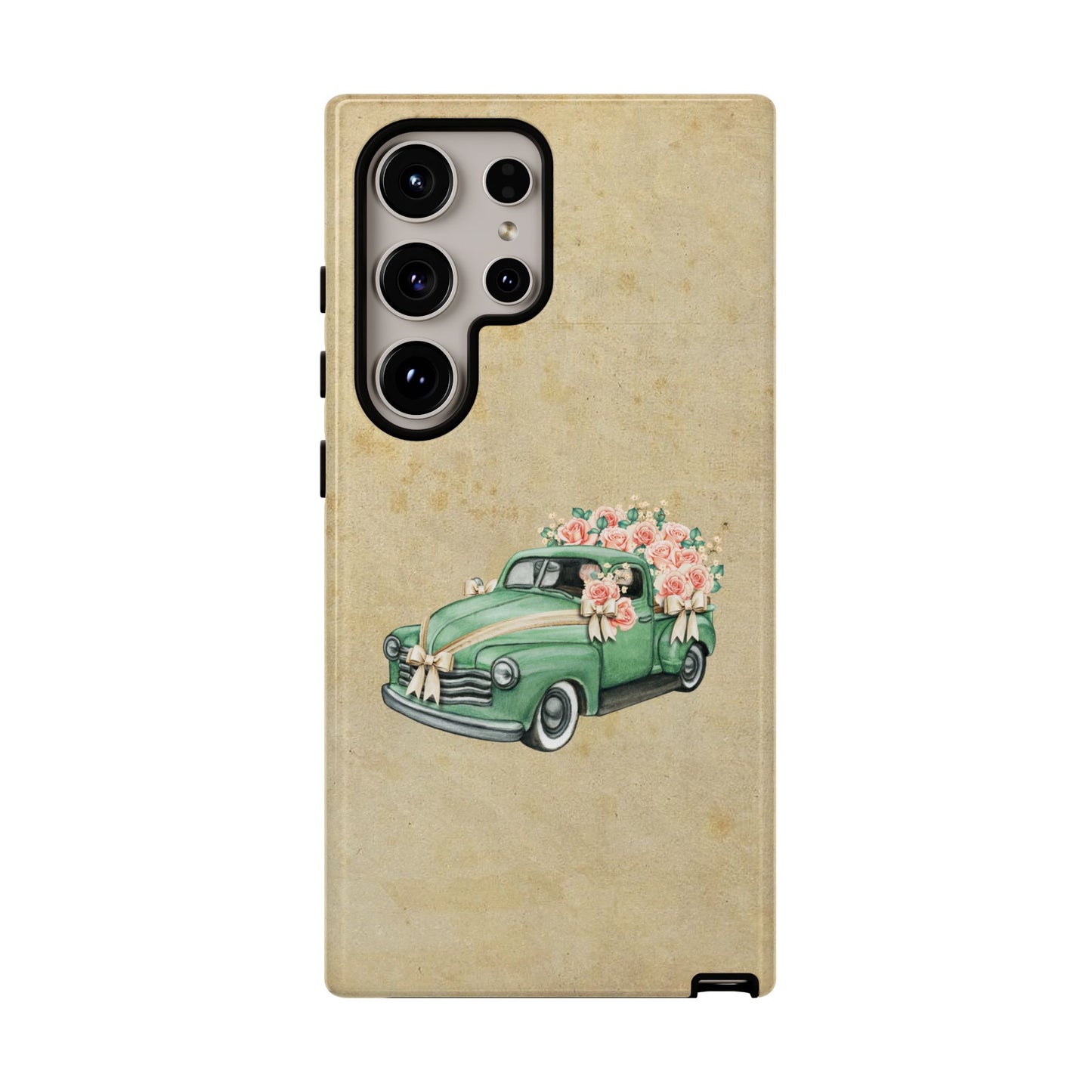 Minimal Vintage Floral Car Phone Case – Green Classic Car on Beige Background – for iPhone, Samsung & Google Pixel