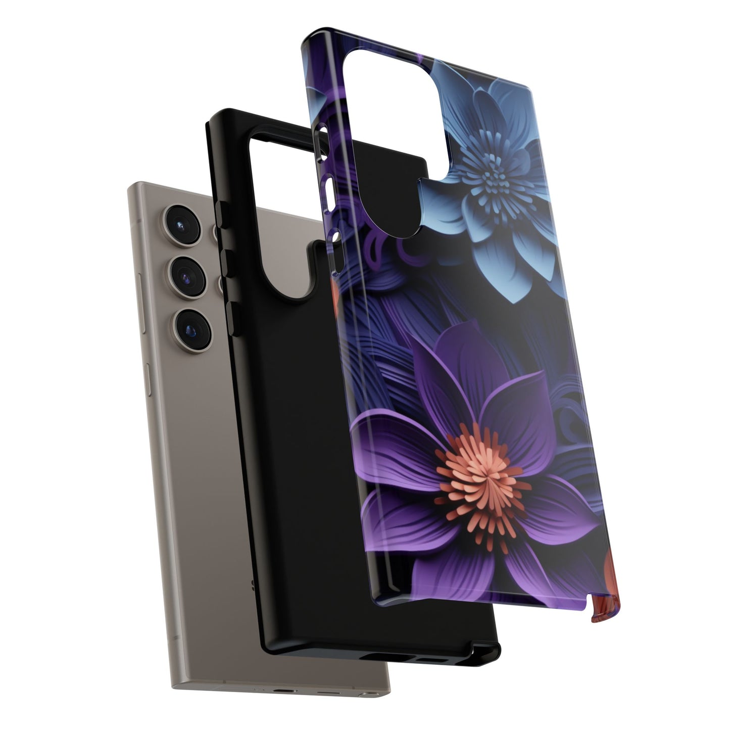 3D Floral Elegance Mobile Case – Midnight Blue & Purple Bloom