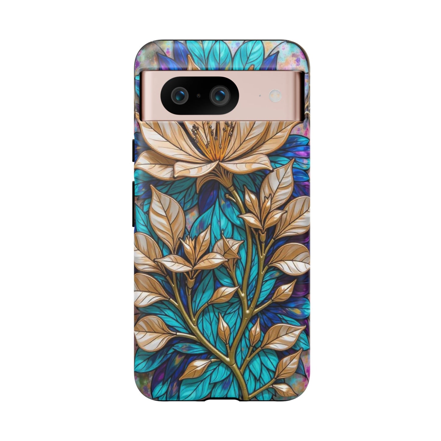 Majestic Golden Blossoms on Mosaic Blue Splendor