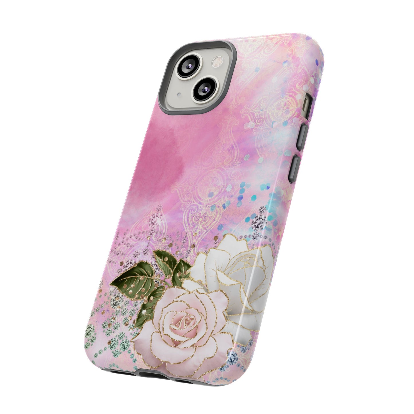 Luxury Pink & White Rose Glitter Mobile Case – Elegant & Shimmering Design