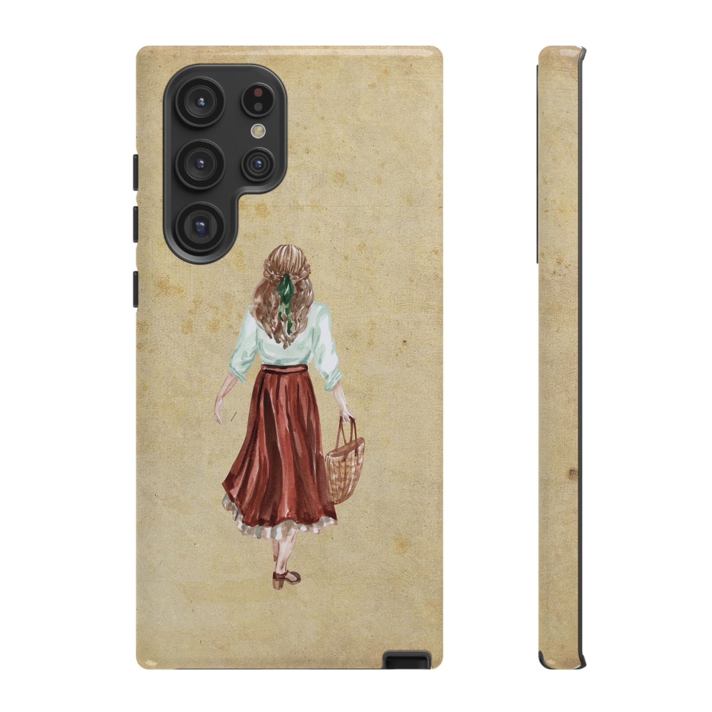 Minimal Vintage Girl with Bag Phone Case – Aesthetic Beige Design for iPhone, Samsung & Google Pixel