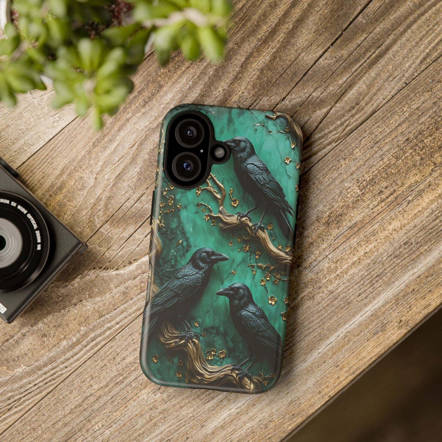 Three Black Ravens Perched On Gold-Accent Branches phone case design