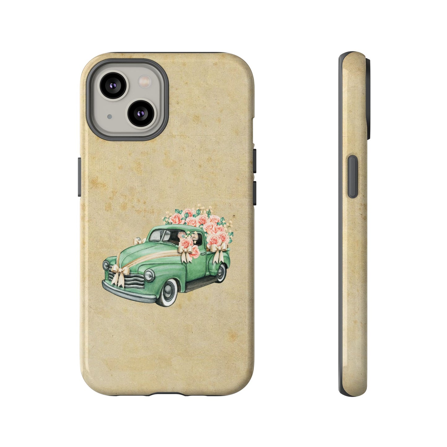 Minimal Vintage Floral Car Phone Case – Green Classic Car on Beige Background – for iPhone, Samsung & Google Pixel