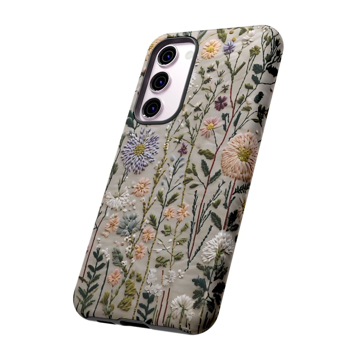 Intricate Embroidery Artwork Featuring Botanical Elements On Beige phone case design.