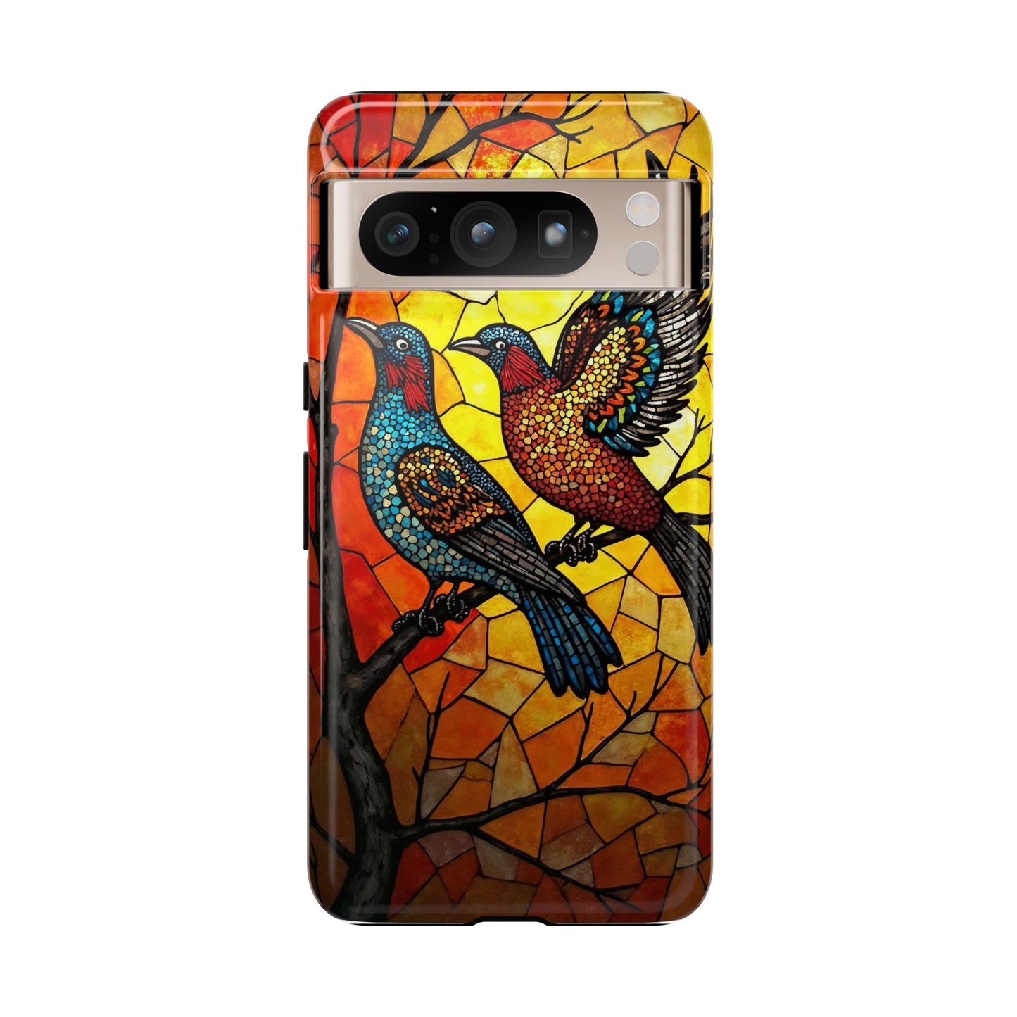 Vibrant Hummingbirds with Stained Glass Charm