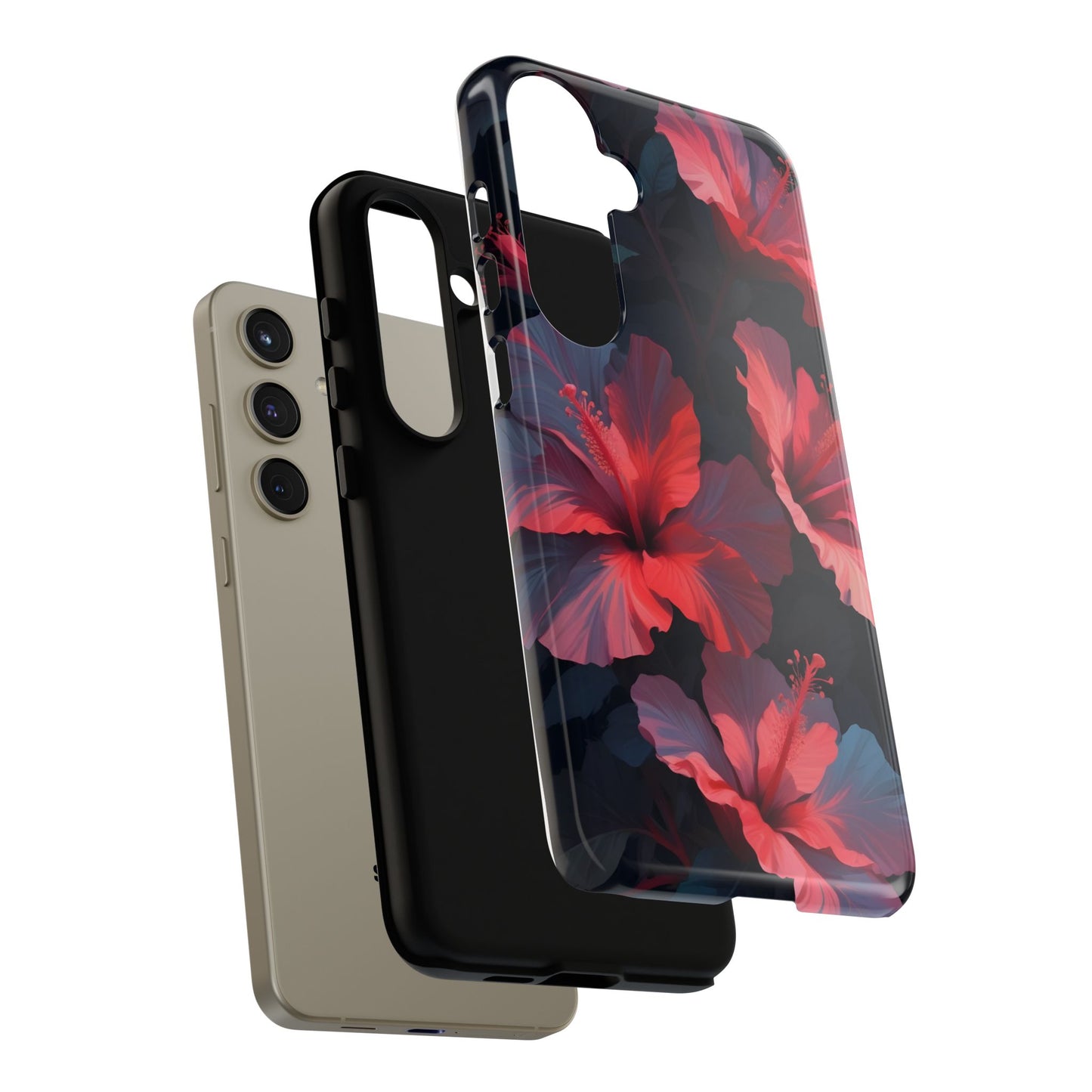 Vibrant red and pink hibiscus flowers blooming against a dark background| Floral phone case design