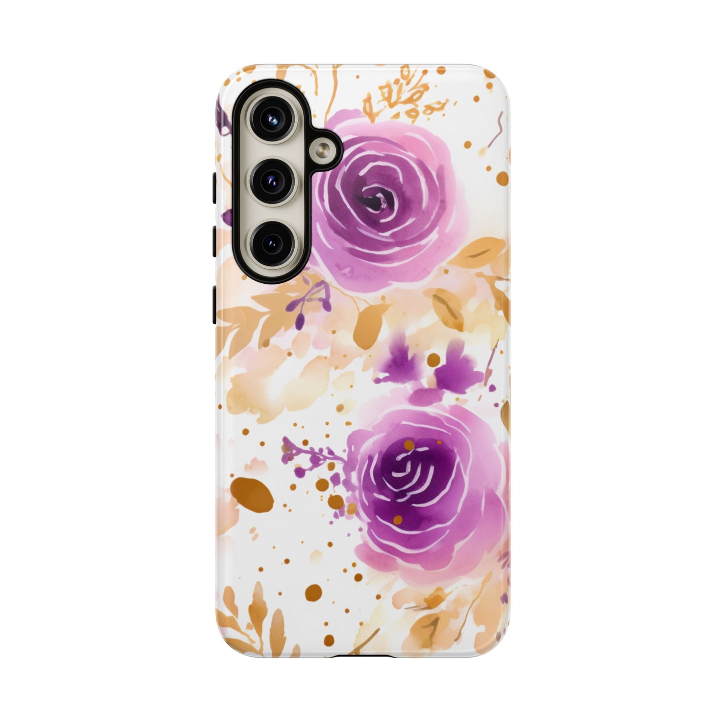 Purple Bloom Watercolor Mobile Case – Artistic Elegance in Gold & Lilac