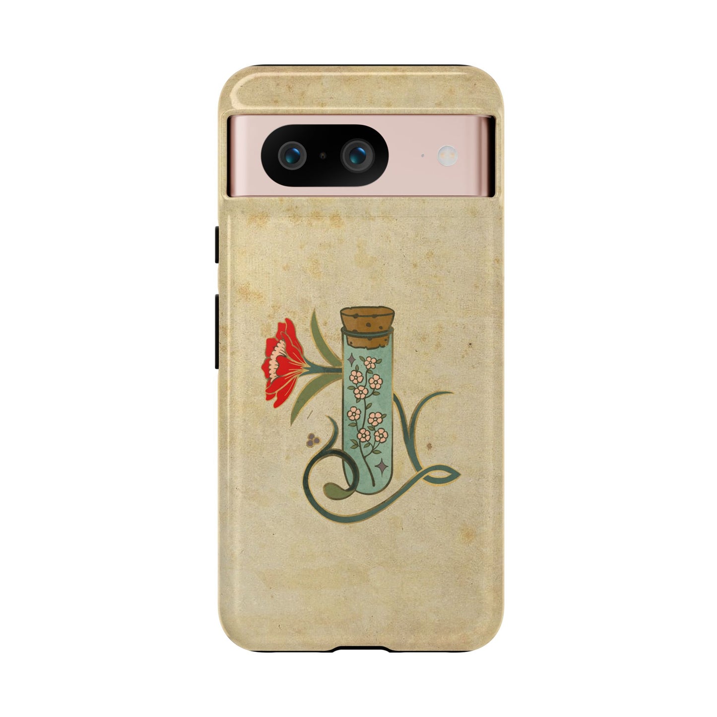 Vintage Floral Glass Tube Phone Case – Minimal Aesthetic, Beige Background (iPhone, Samsung, Pixel)