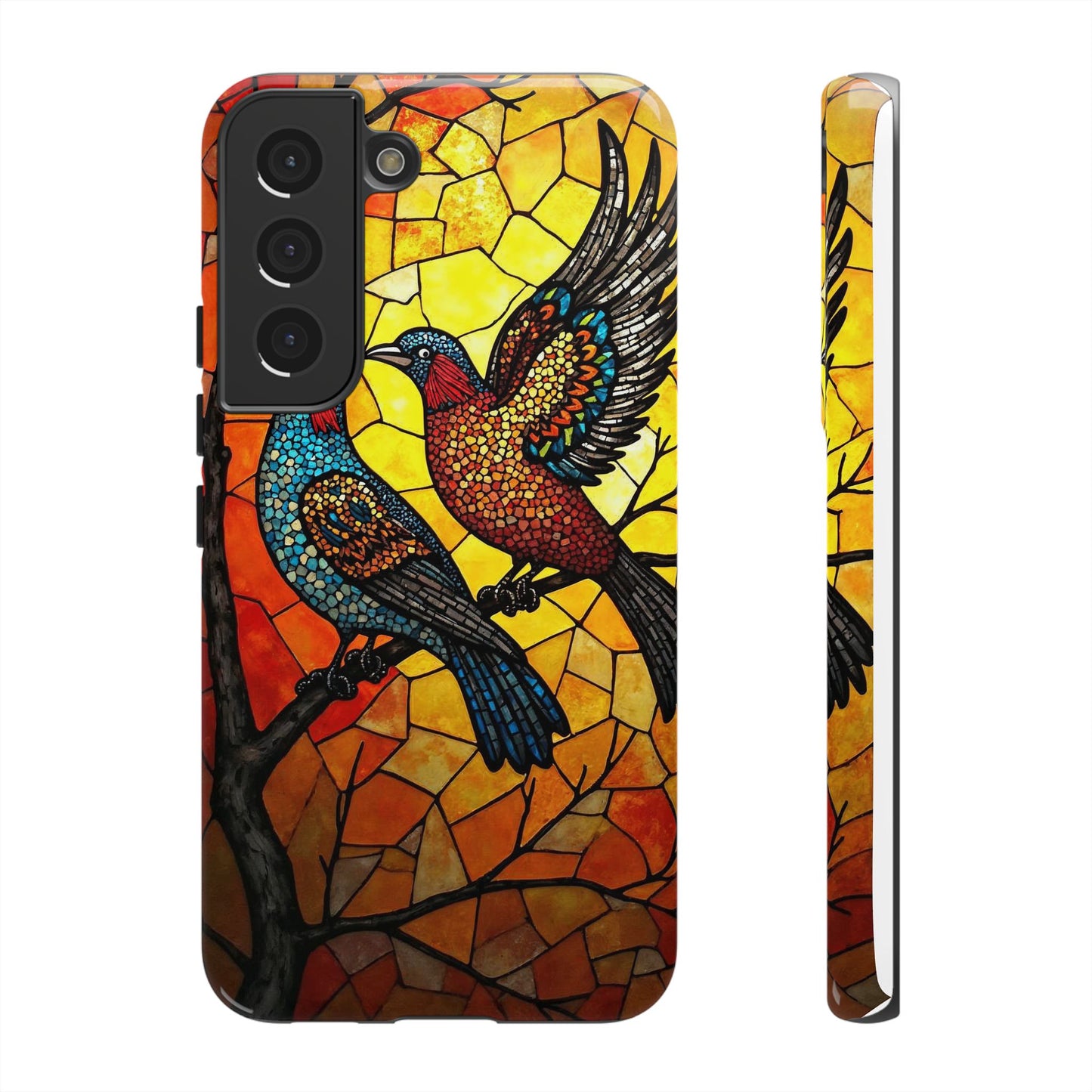 Vibrant Hummingbirds with Stained Glass Charm