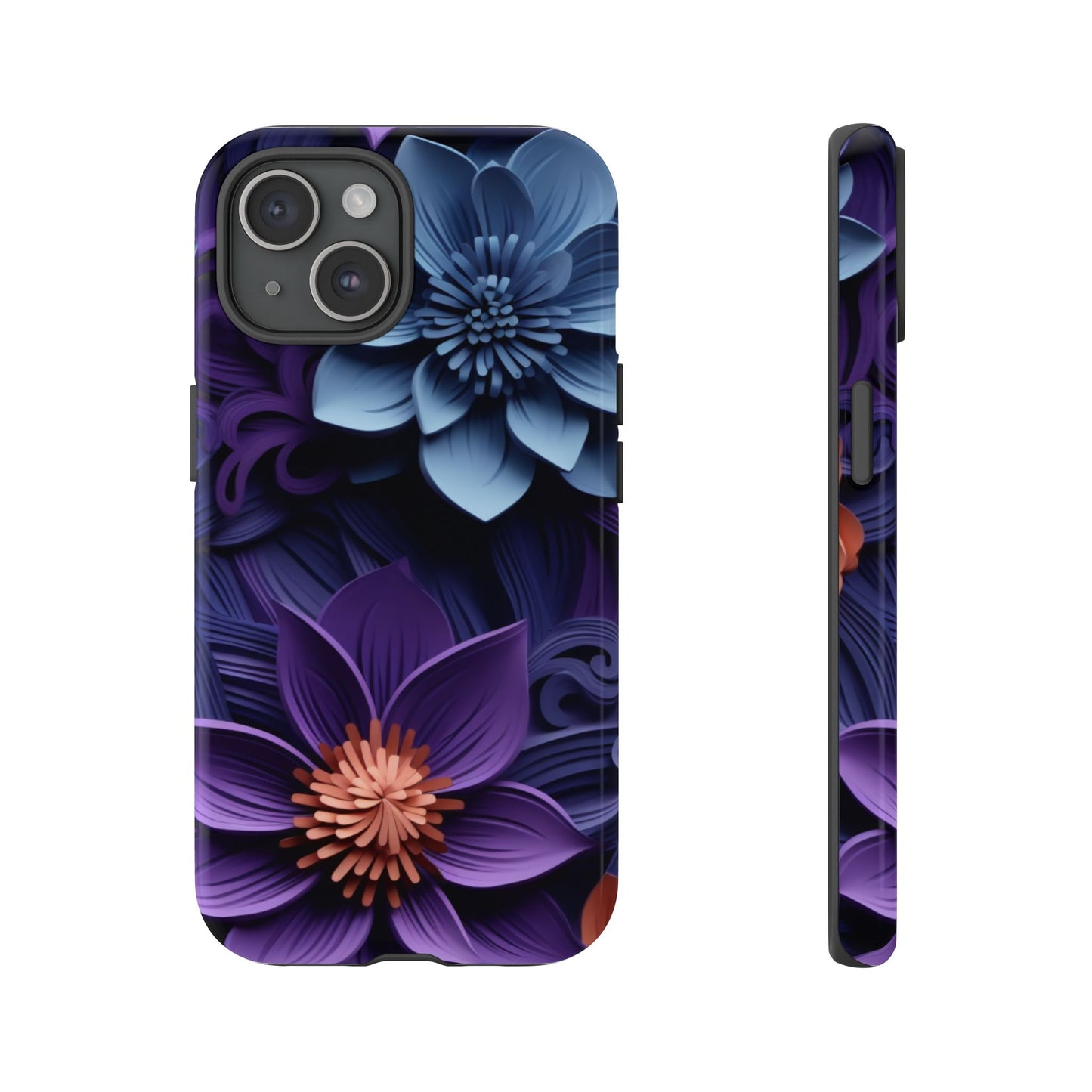 3D Floral Elegance Mobile Case – Midnight Blue & Purple Bloom