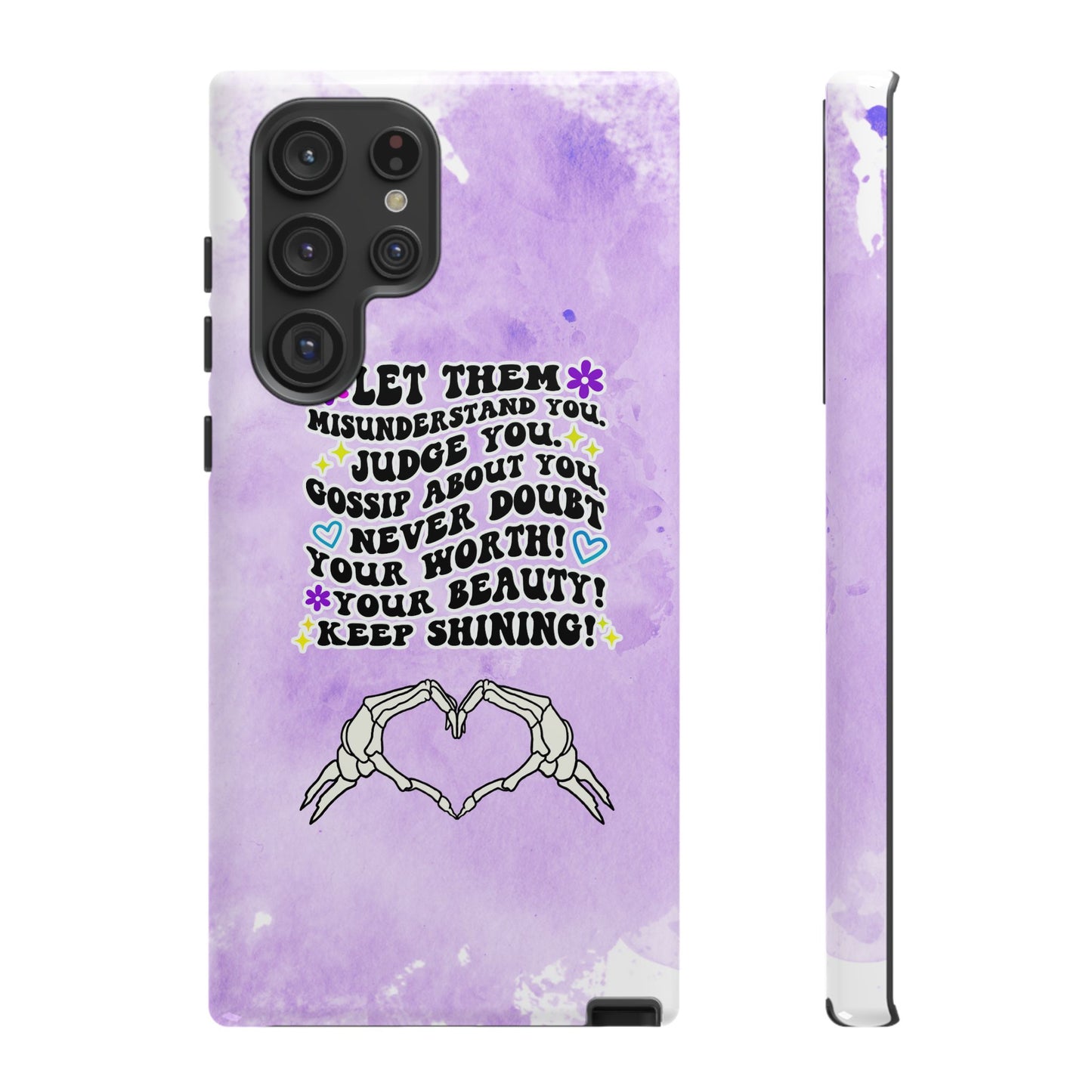 Skeleton Hand Heart Phone Case, Let Them Misunderstand You, Judge You, Gossip About You, Never Doubt Your Worth, Your Beauty Keep Shining Phone Case, Motivational Quote Cover for iPhone, Samsung & Google Pixel White Peach Checkered Pattern Phone Cover