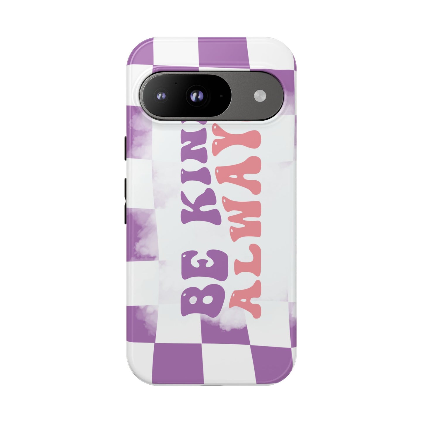 Be Kind Always Phone Case, Motivational Quote Cover for iPhone, Samsung & Google Pixel White Purple Checkered Pattern Phone Cover, Wavy Text Case, Kindness Phone Case, Inspirational Gift