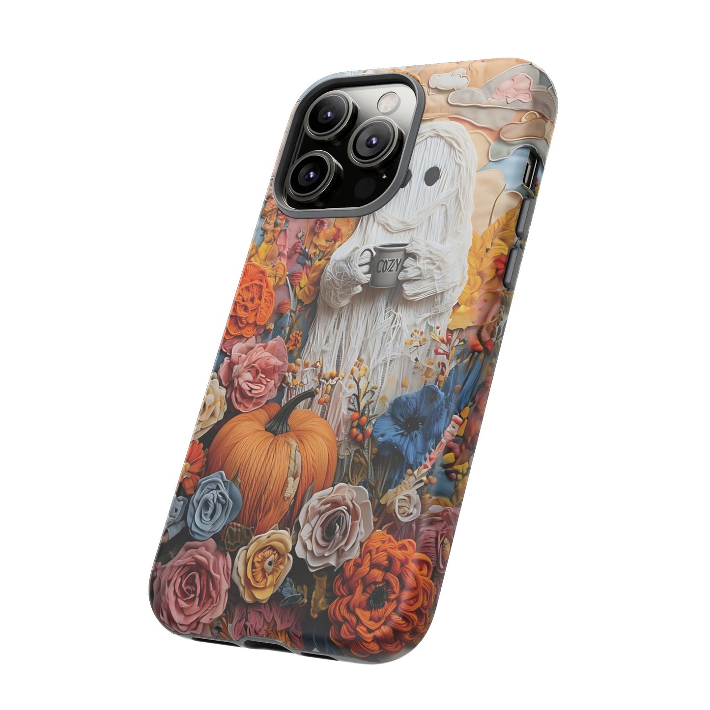 Colorful Whimsical Artwork of Ghost in Autumn Scene phone case design.