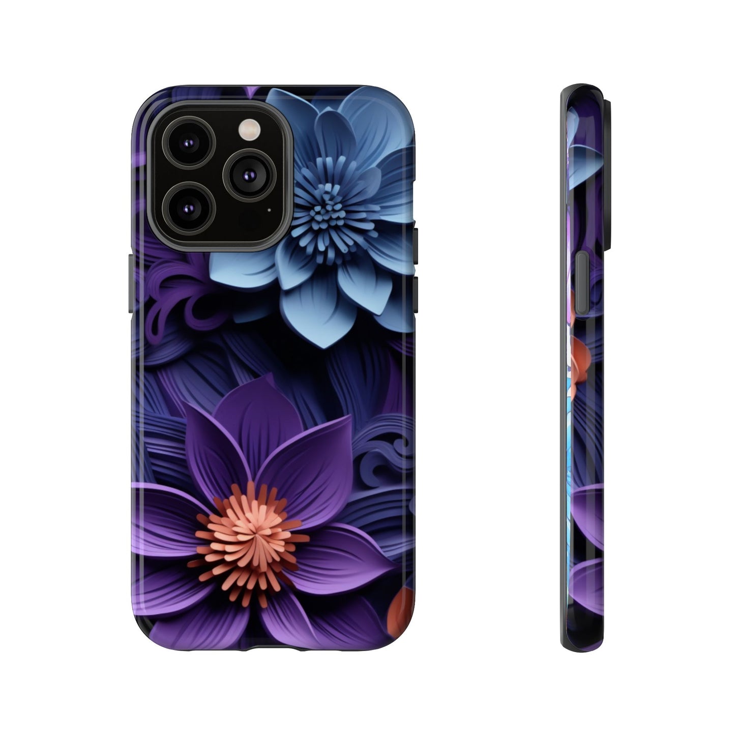 3D Floral Elegance Mobile Case – Midnight Blue & Purple Bloom