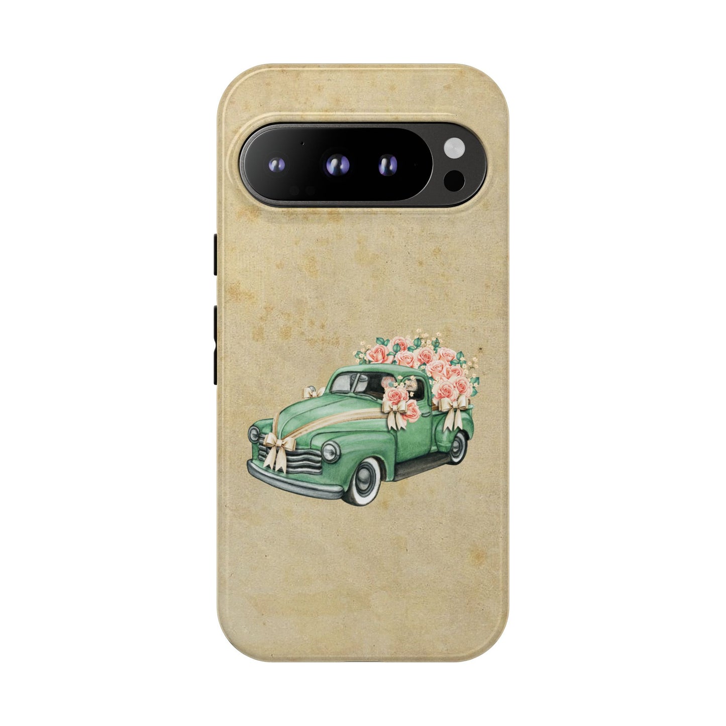 Minimal Vintage Floral Car Phone Case – Green Classic Car on Beige Background – for iPhone, Samsung & Google Pixel