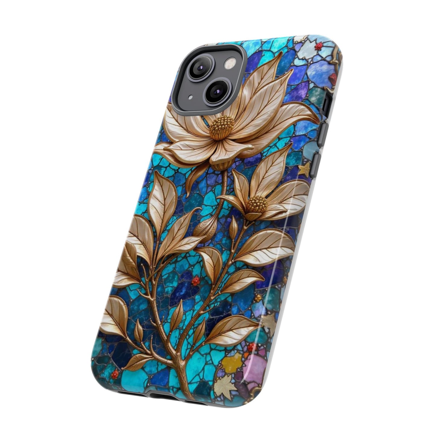 Golden Blossoms on Mosaic Blue Elegance