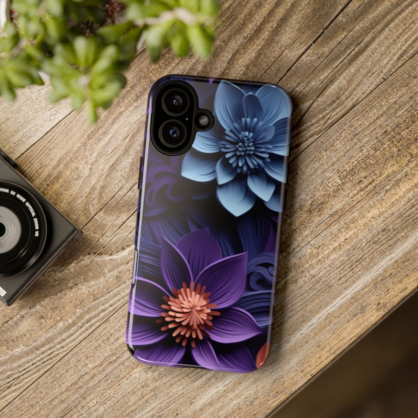 3D Floral Elegance Mobile Case – Midnight Blue & Purple Bloom
