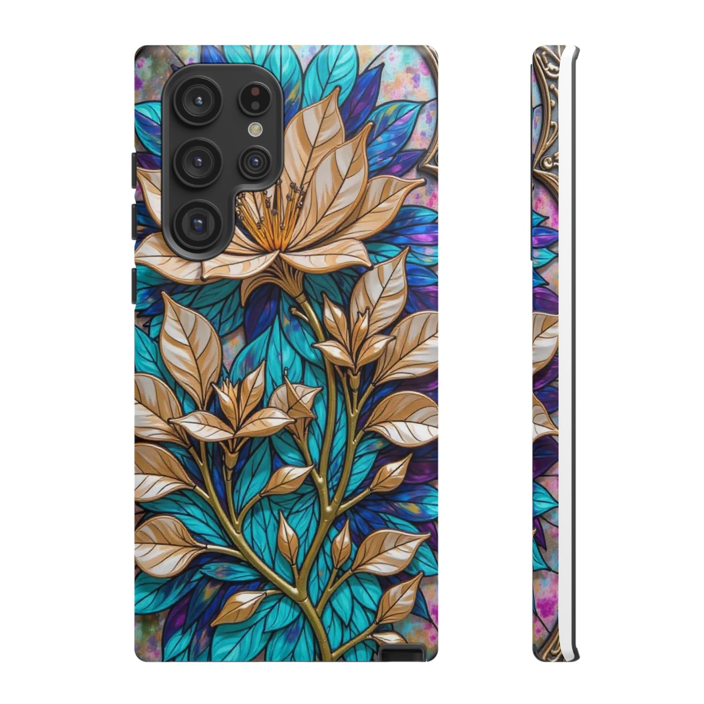 Majestic Golden Blossoms on Mosaic Blue Splendor