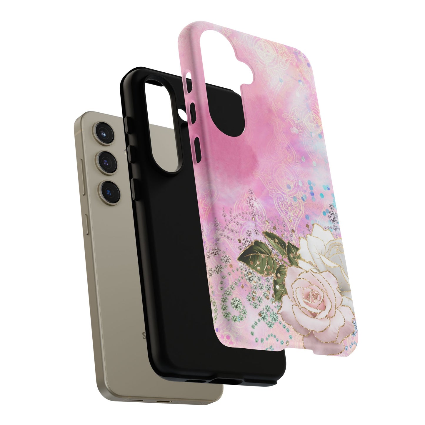 Luxury Pink & White Rose Glitter Mobile Case – Elegant & Shimmering Design