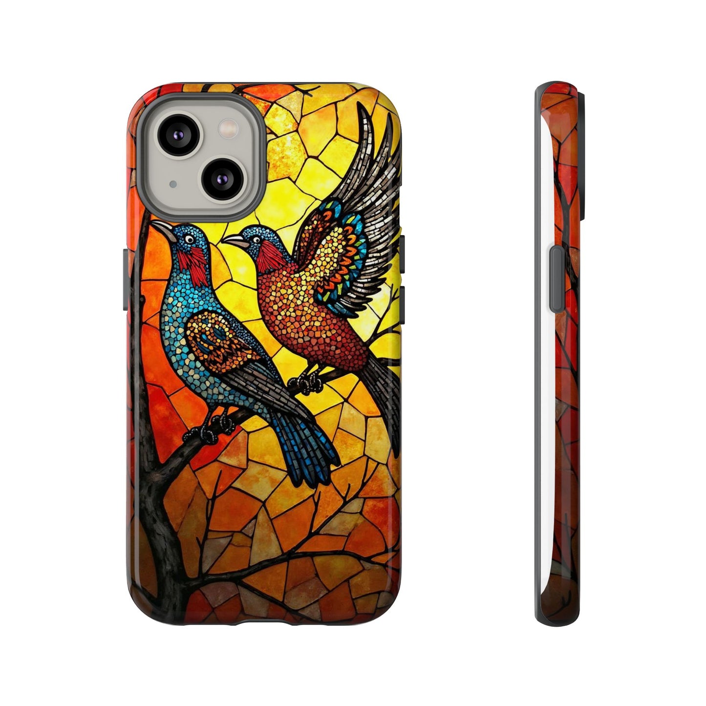 Vibrant Hummingbirds with Stained Glass Charm