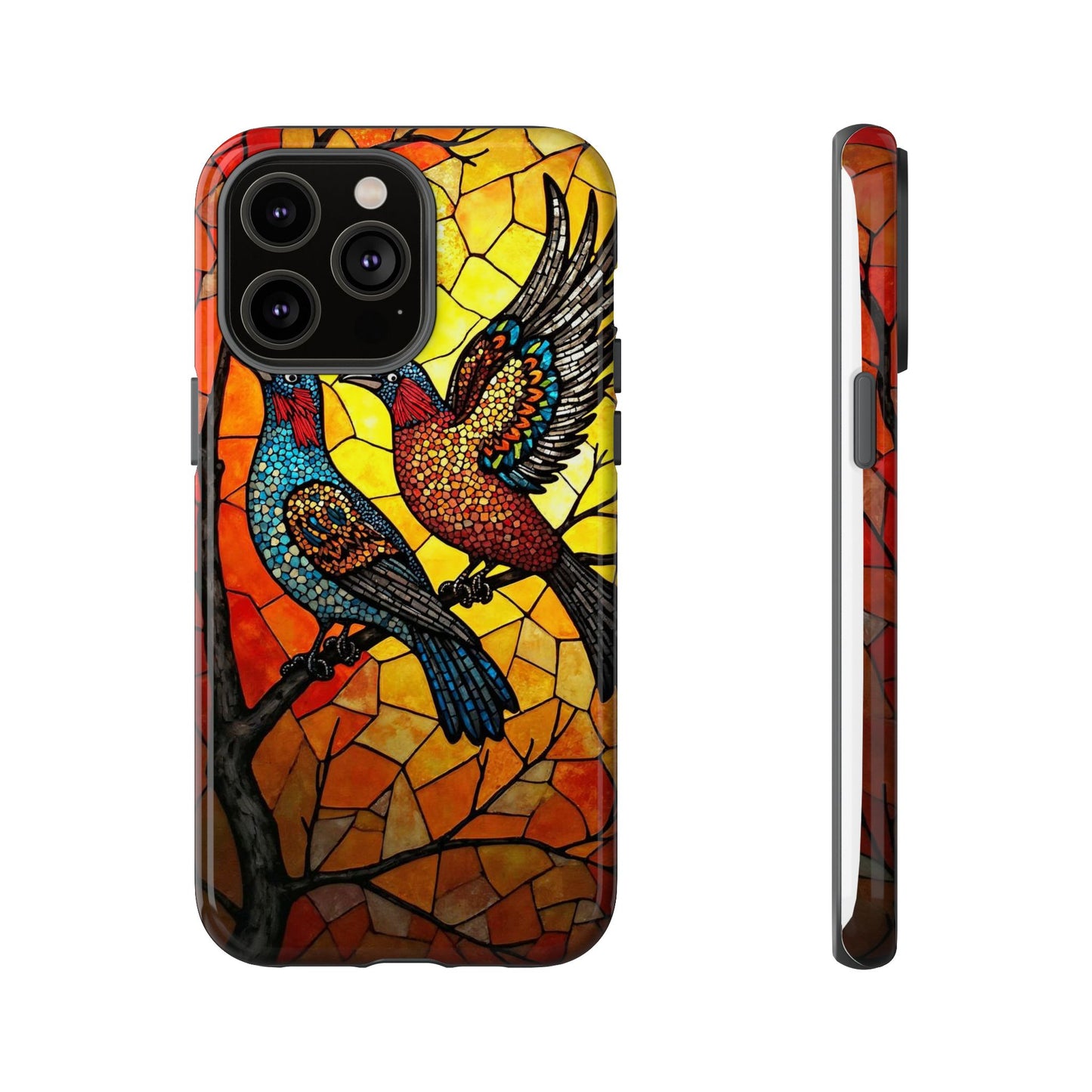 Vibrant Hummingbirds with Stained Glass Charm