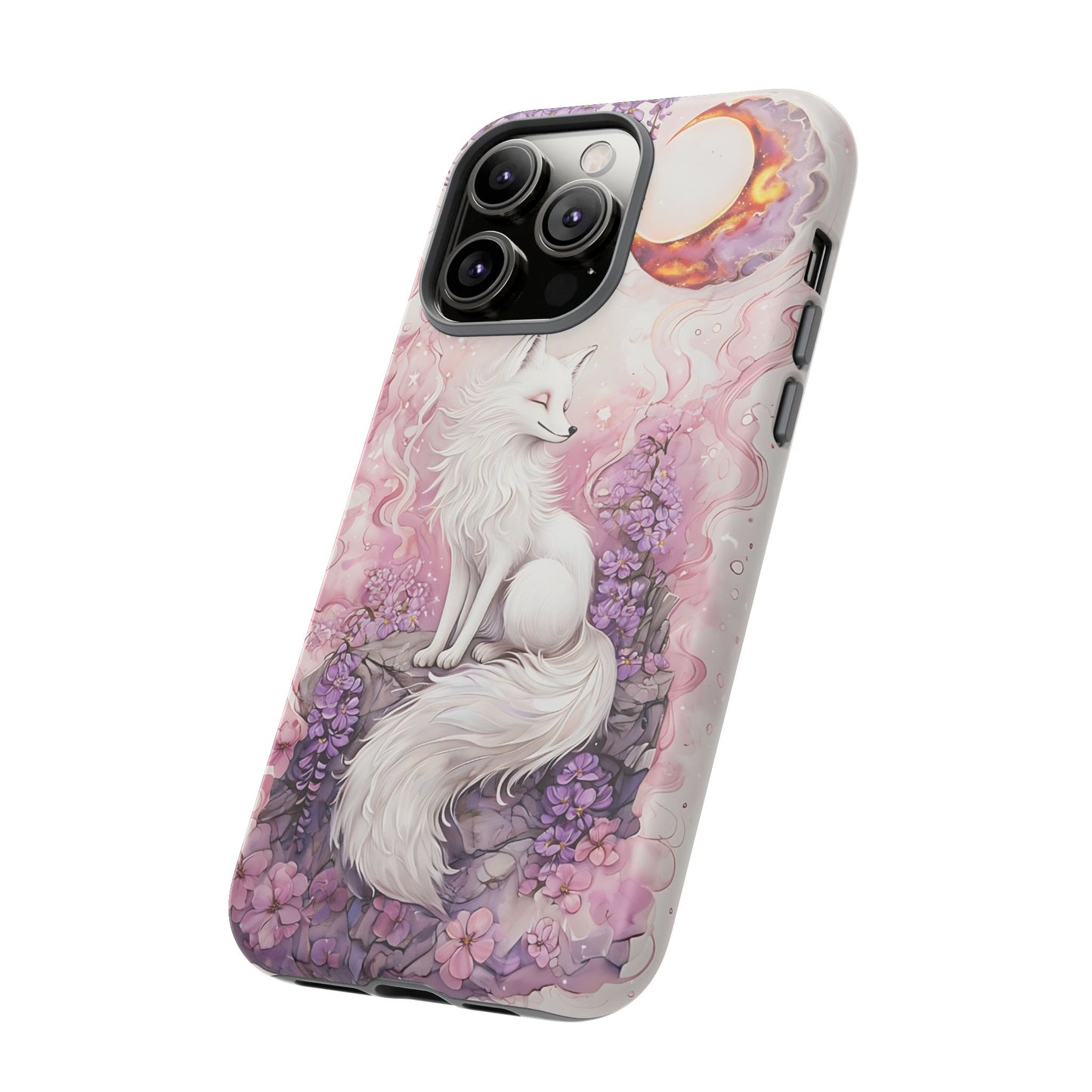 Whimsical White Fox Surrounded By Lavender And Pink Blooms phone case design.