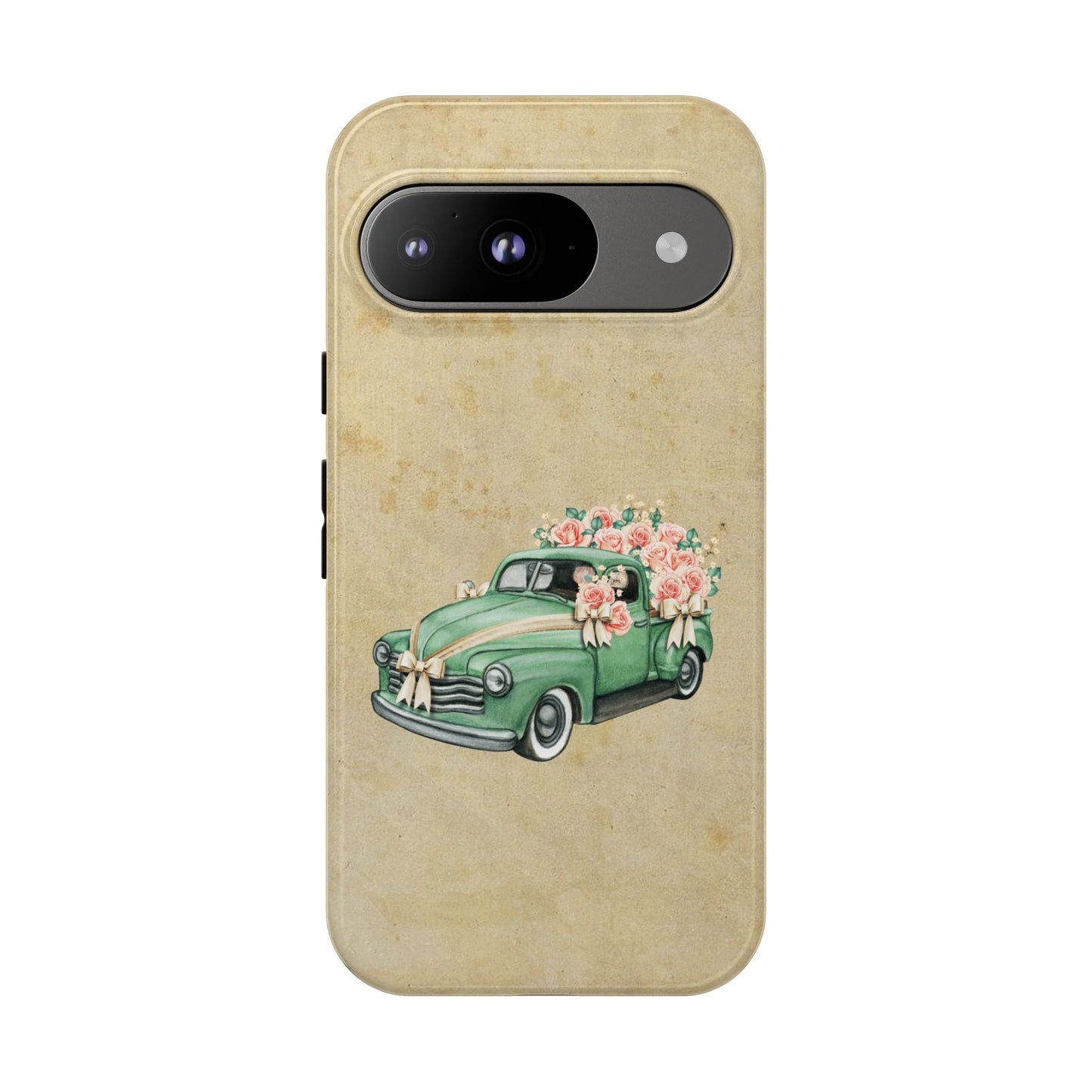 Minimal Vintage Floral Car Phone Case – Green Classic Car on Beige Background – for iPhone, Samsung & Google Pixel