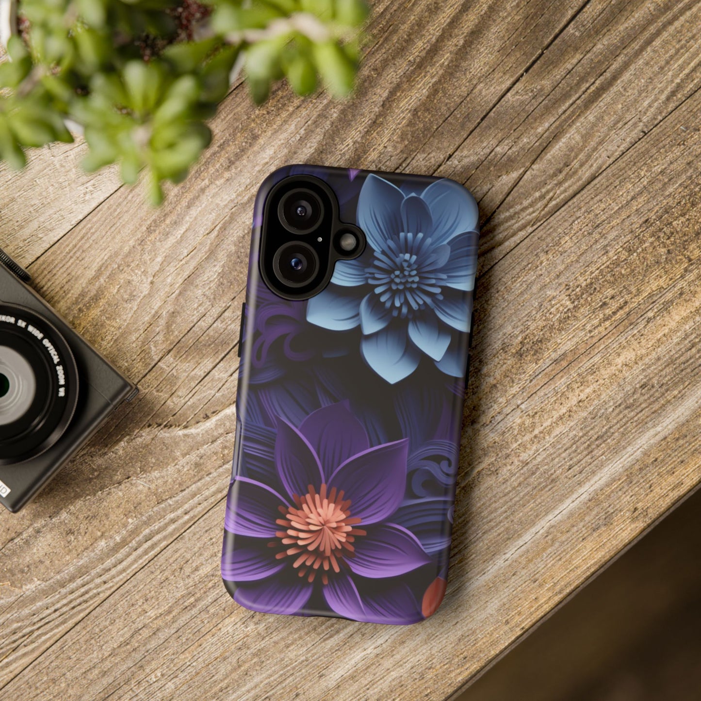 3D Floral Elegance Mobile Case – Midnight Blue & Purple Bloom