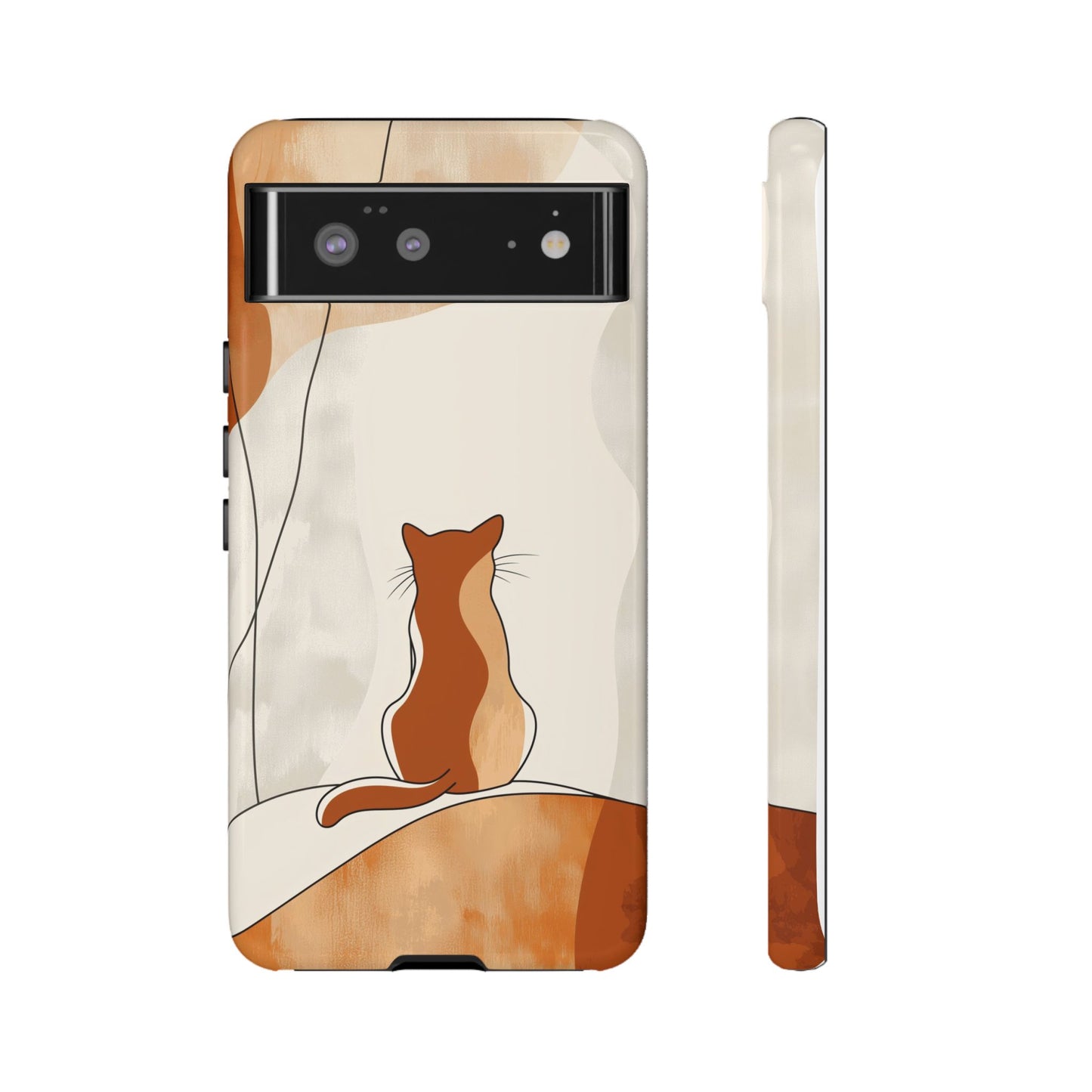 Contemplative Cat: Minimalist Sunset Phone Case for iPhone, Samsung & Pixel