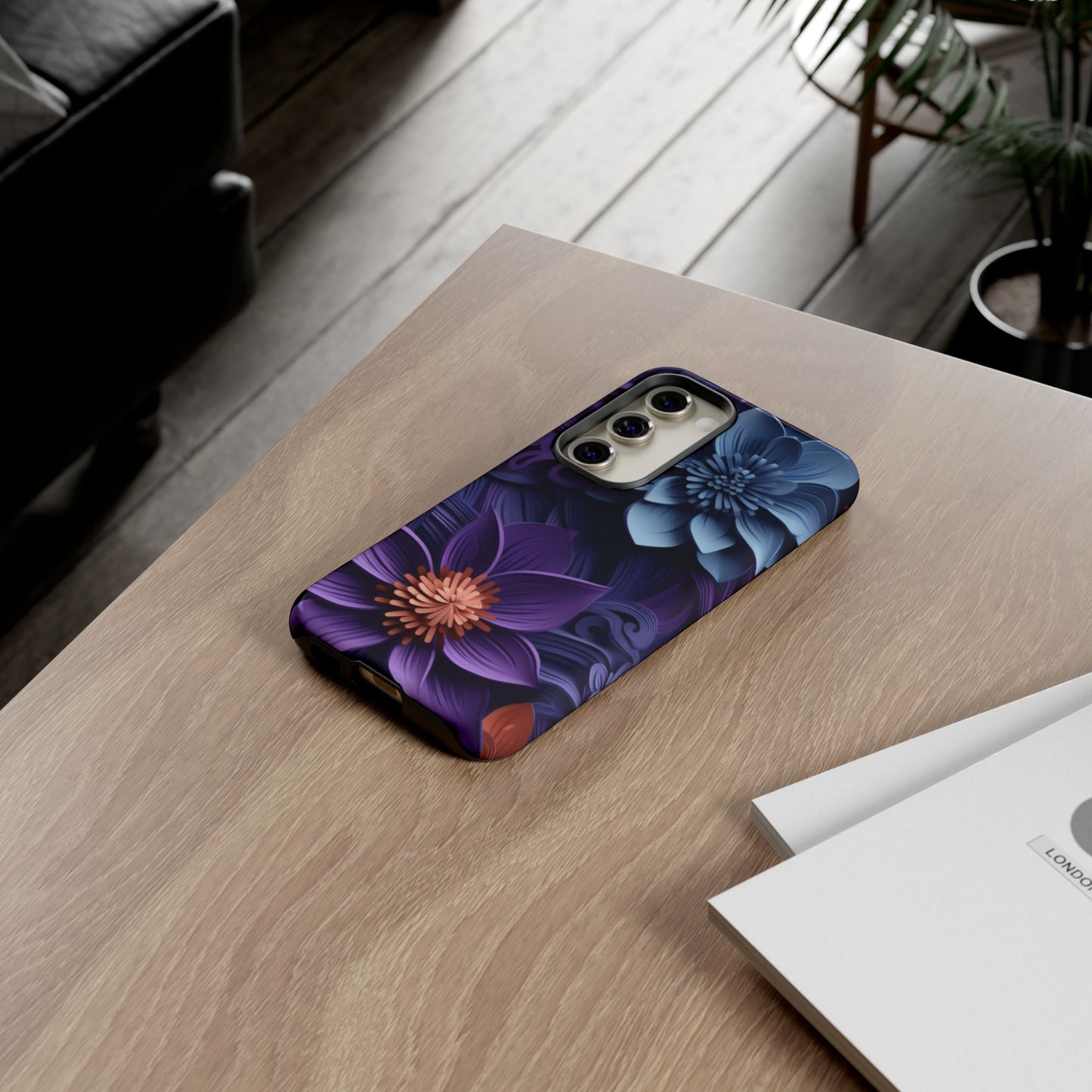 3D Floral Elegance Mobile Case – Midnight Blue & Purple Bloom
