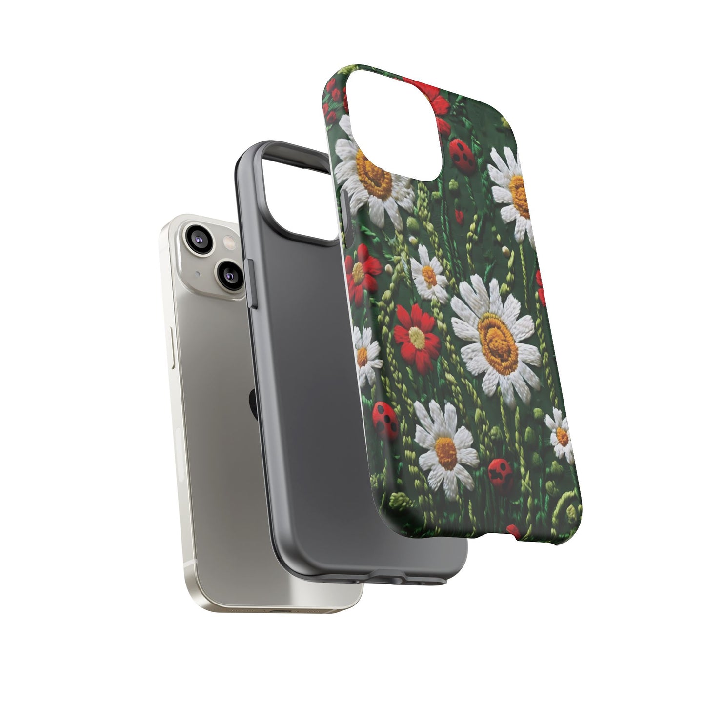 Intricate Embroidered Fabric Featuring Daisies And Ladybugs phone case design