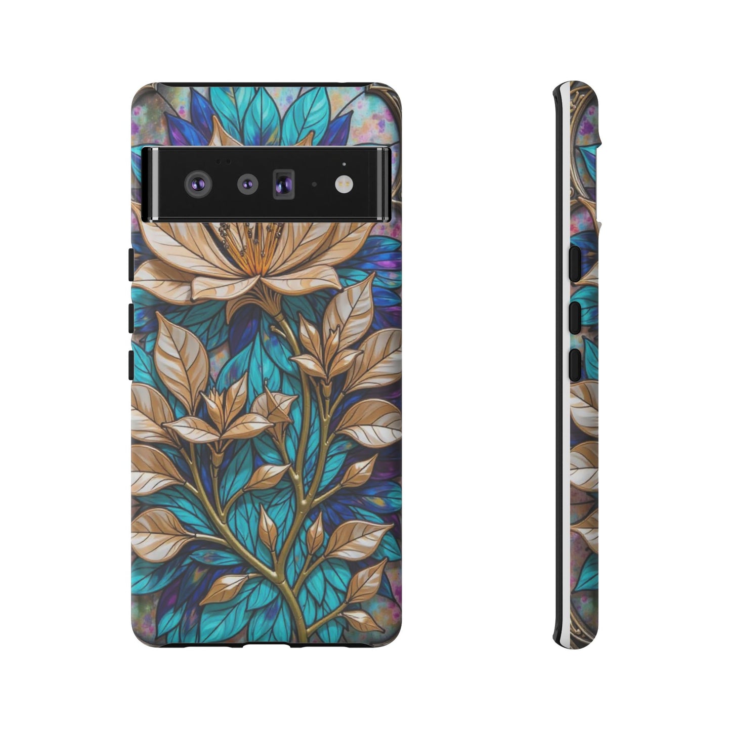 Majestic Golden Blossoms on Mosaic Blue Splendor