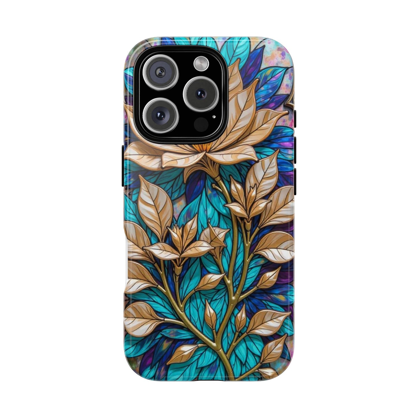 Majestic Golden Blossoms on Mosaic Blue Splendor