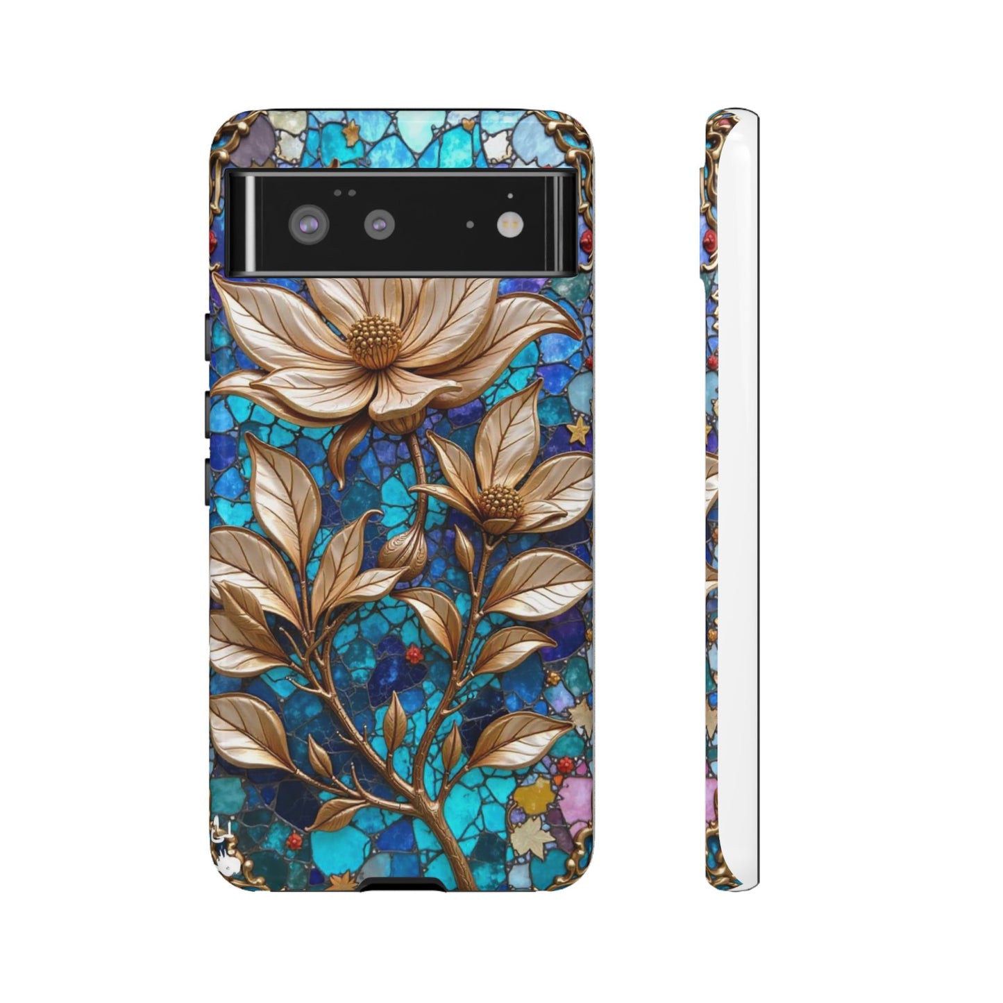 Golden Blossoms on Mosaic Blue Elegance