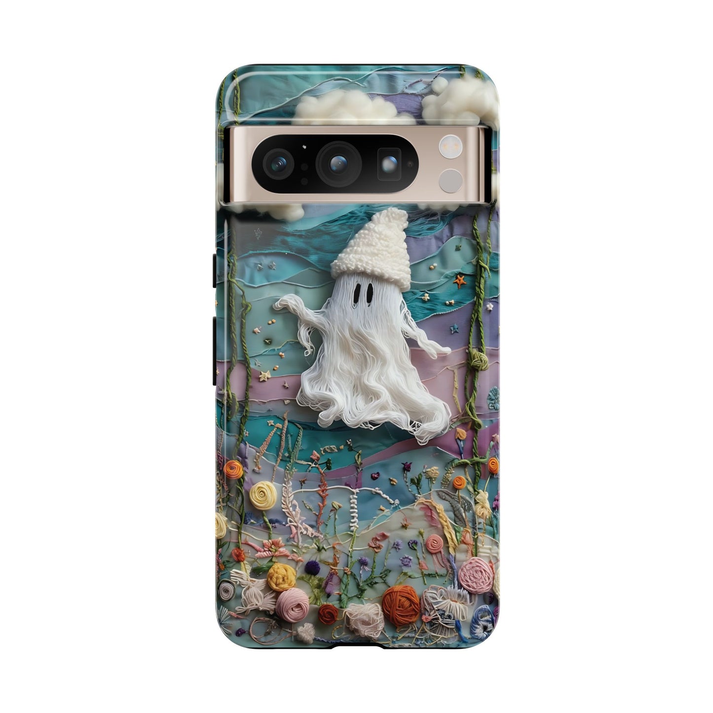 Whimsical Ghost Surrounded By Vibrant Embroidered Flowers phone case design.