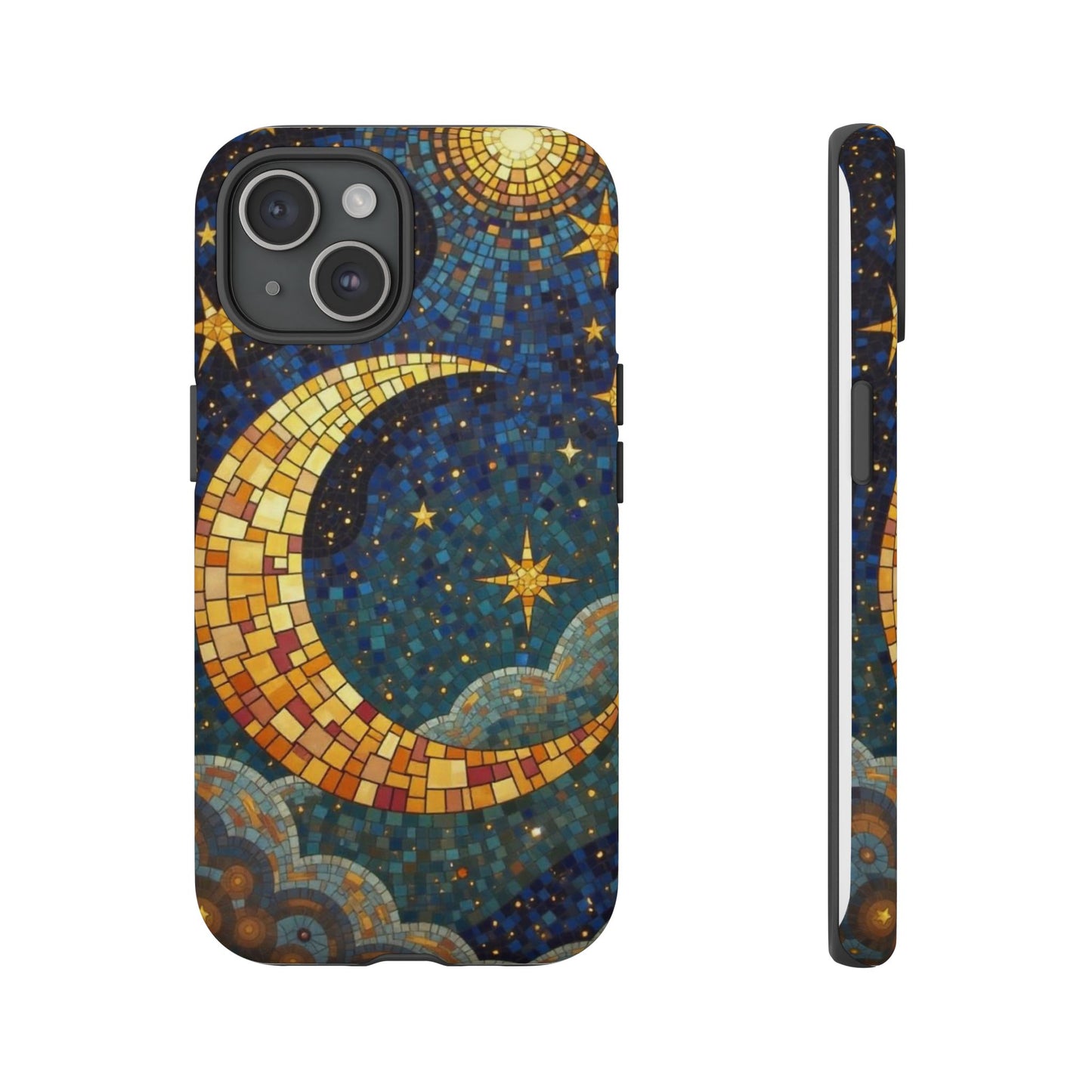 Golden Crescent: Mosaic Moon and Starry Night