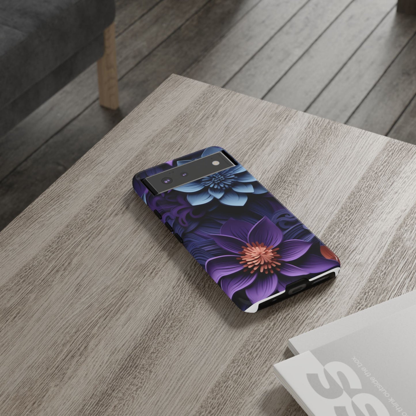 3D Floral Elegance Mobile Case – Midnight Blue & Purple Bloom