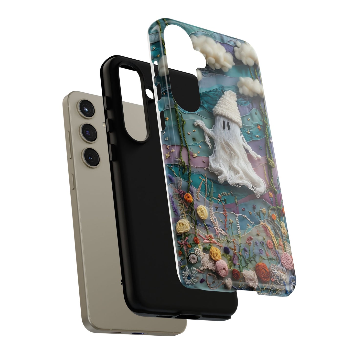 Whimsical Ghost Surrounded By Vibrant Embroidered Flowers phone case design.