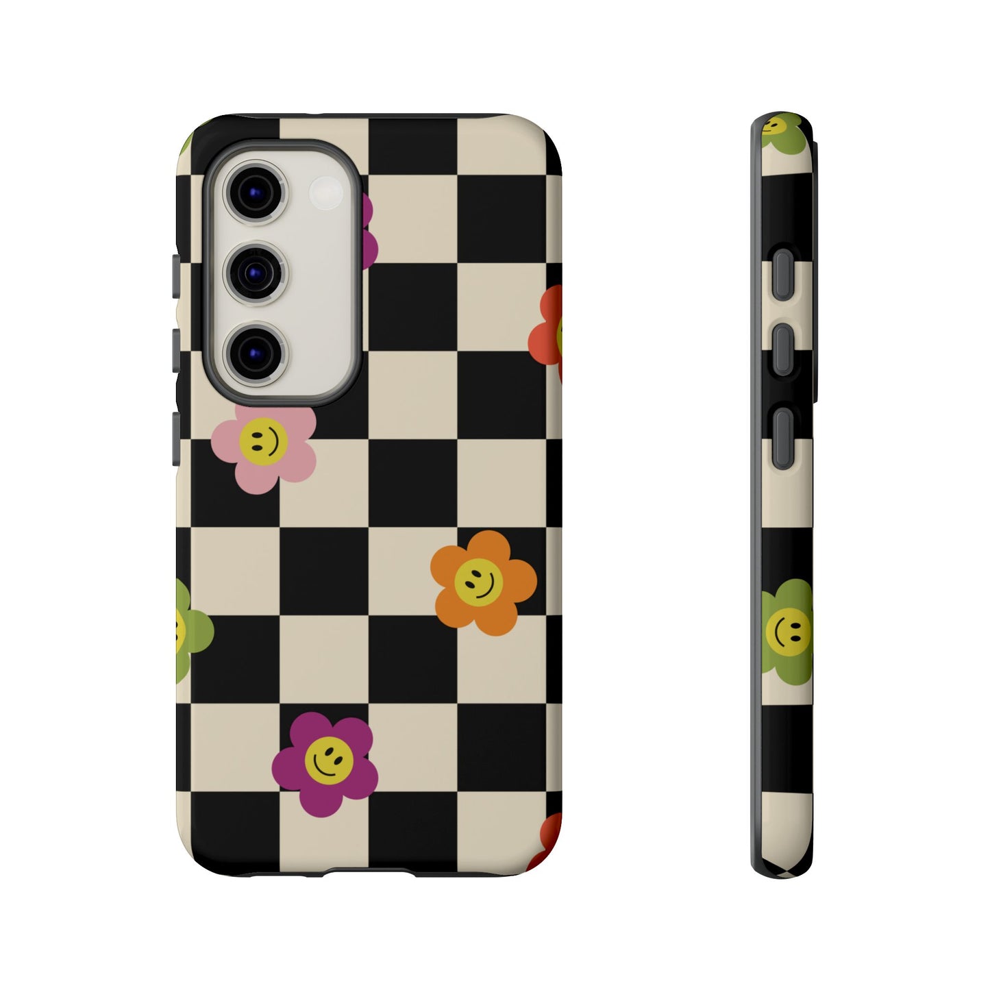 Retro Floral Phone Case – Vintage Flowers on Black & Beige Tiles, Chess Phone Case | For iPhone, Samsung & Google Pixel