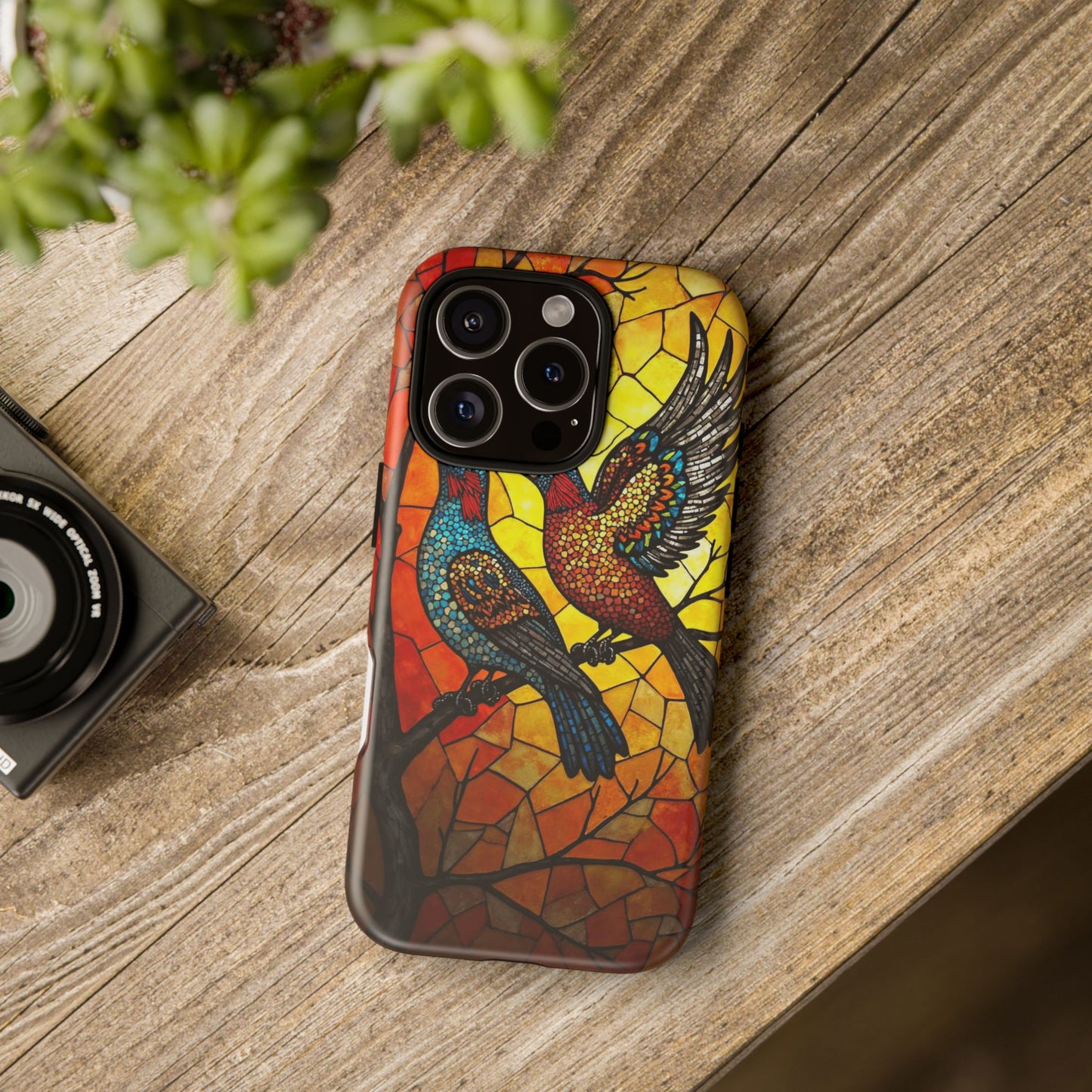 Vibrant Hummingbirds with Stained Glass Charm