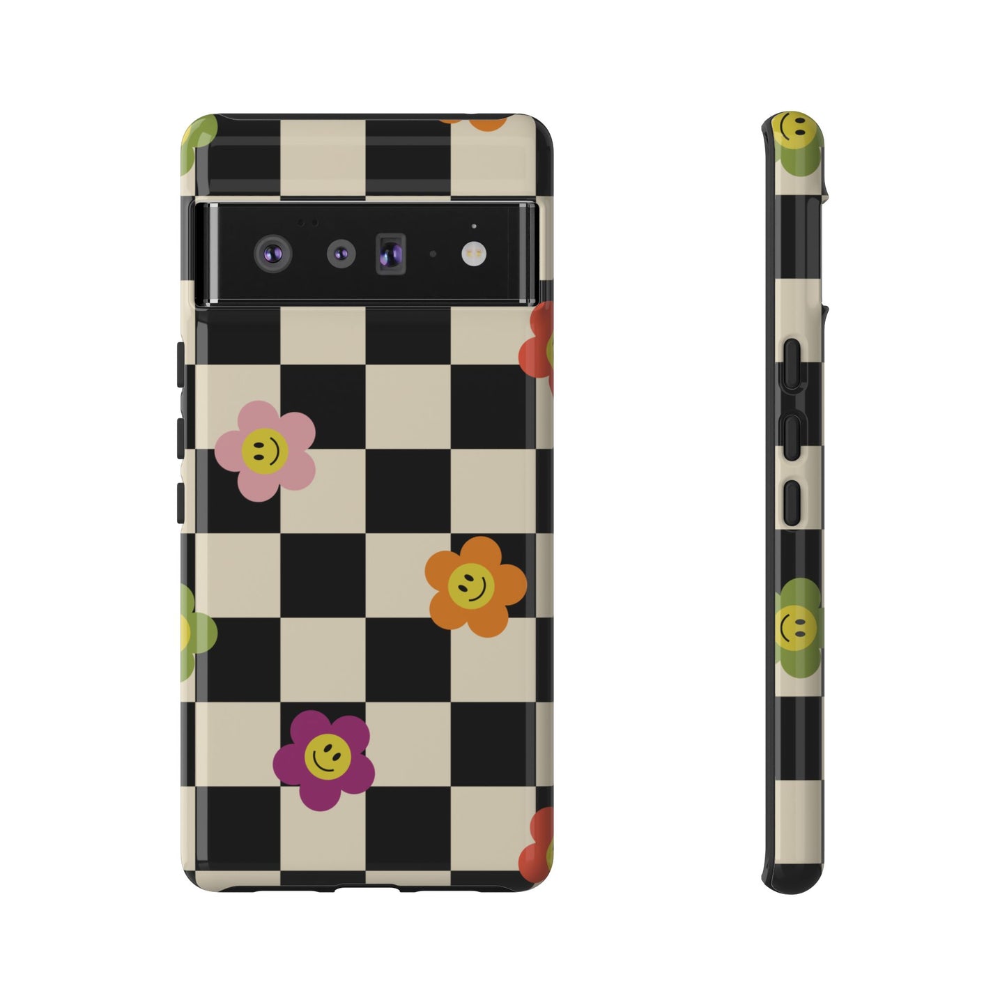 Retro Floral Phone Case – Vintage Flowers on Black & Beige Tiles, Chess Phone Case | For iPhone, Samsung & Google Pixel