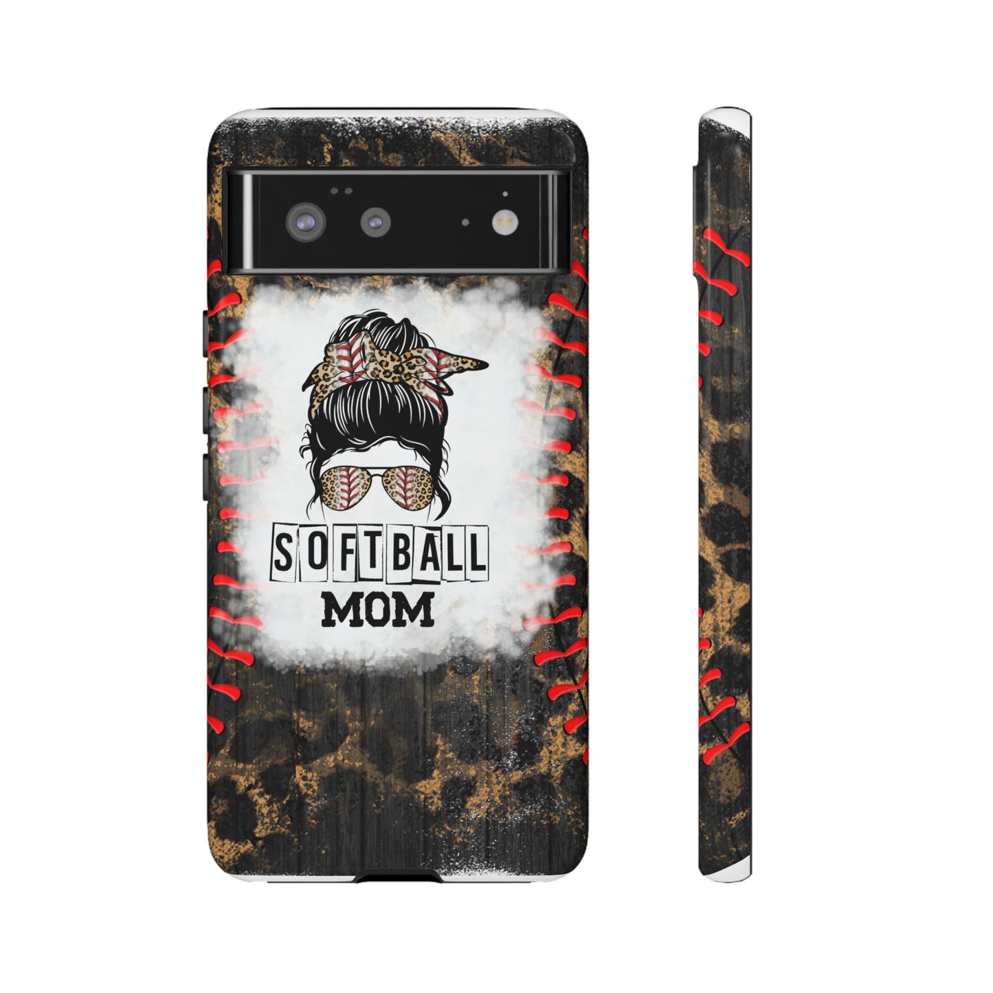 Softball Mom Phone Case for iPhone, Samsung & Google Pixel, Messy Bun Phone Case, Leopard Print Phone Case, Sports Lover Gift