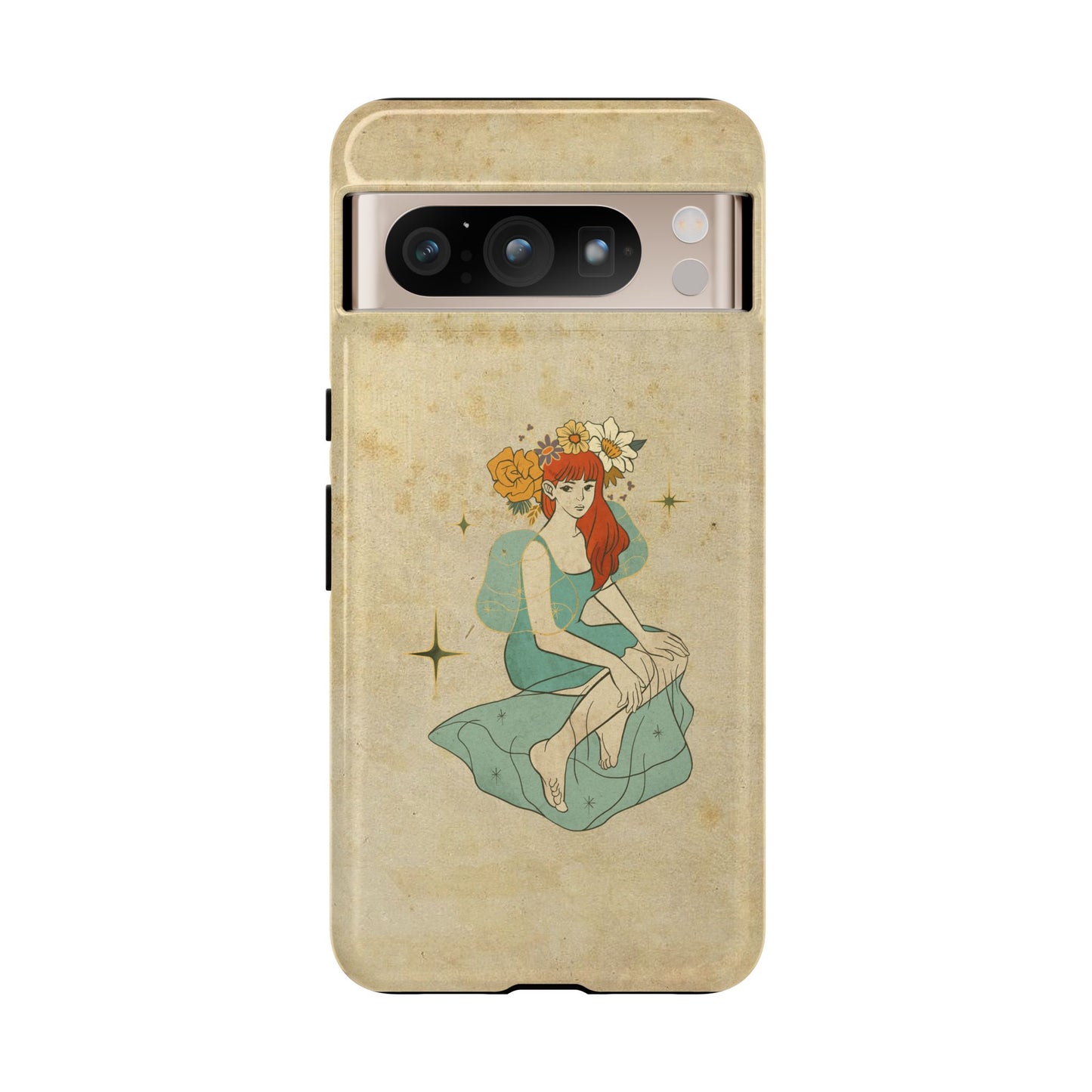 Vintage Aesthetic Phone Case – Cute Girl with Flower Crown | Minimal Beige Cover for iPhone, Samsung & Pixel
