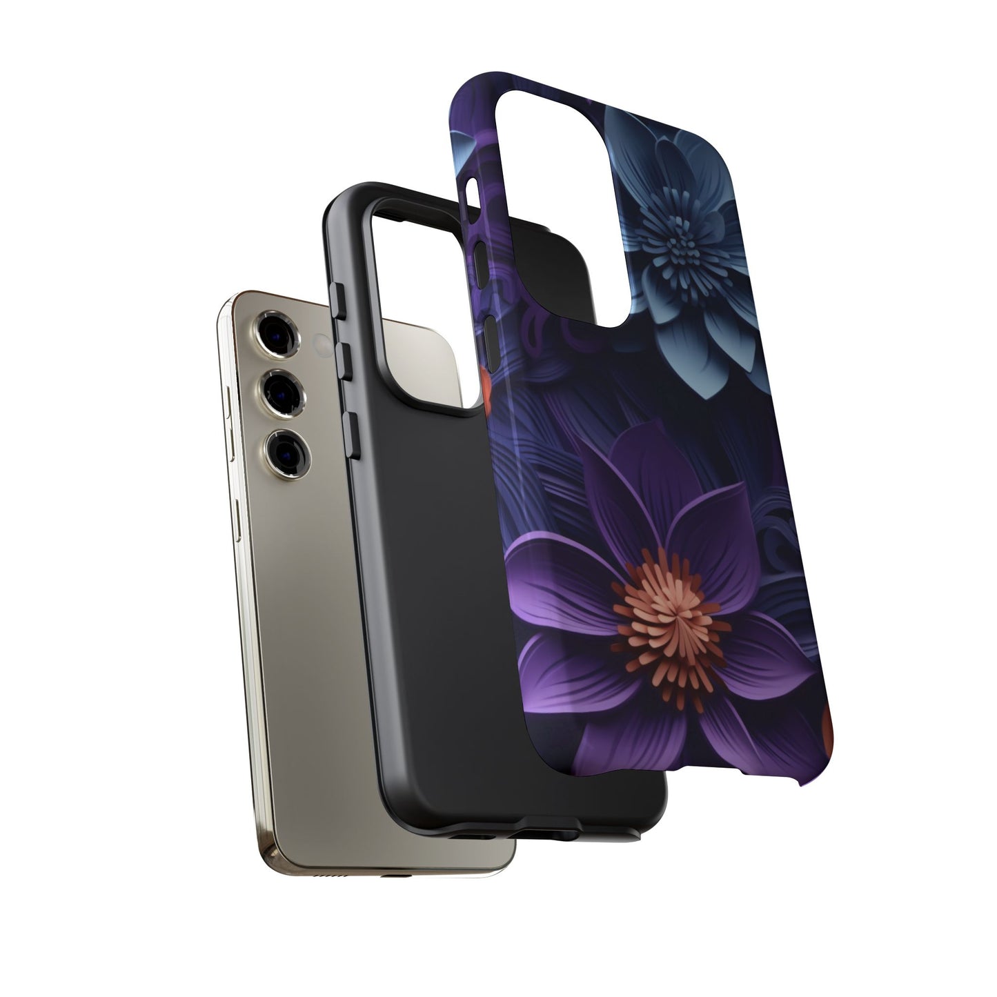 3D Floral Elegance Mobile Case – Midnight Blue & Purple Bloom