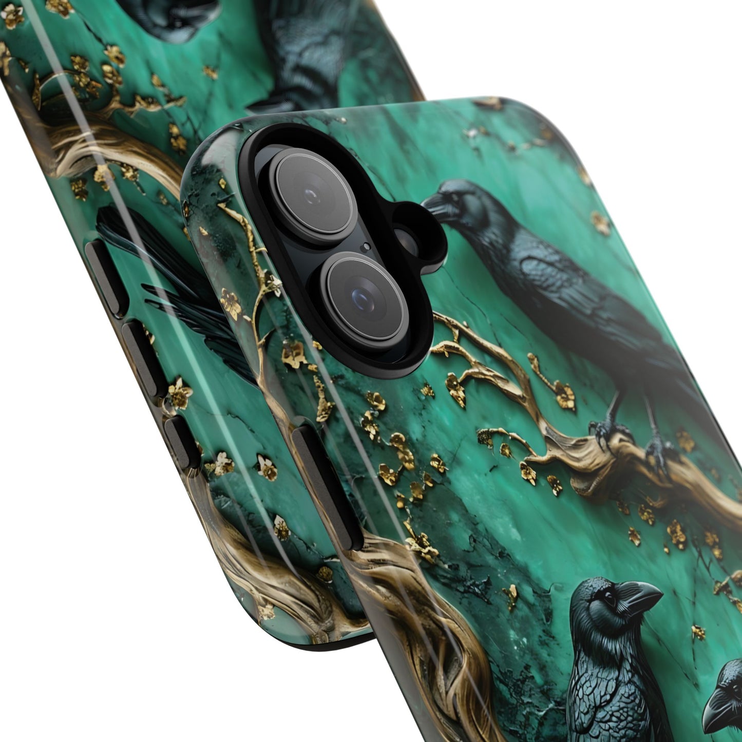 Three Black Ravens Perched On Gold-Accent Branches phone case design